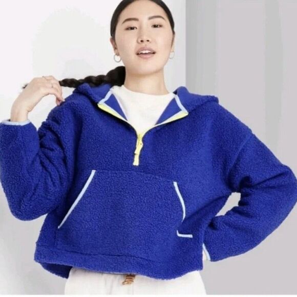 NWT Target Wild Fable Blue Hooded Sherpa Pullover Quarter Zip Sweatshirt Size L - Picture 2 of 9